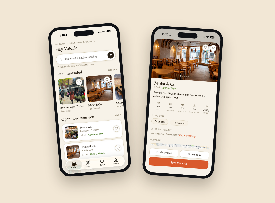 Vibee - iOS app screens: explore home and place detail