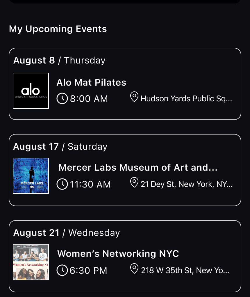 Card-based events list
