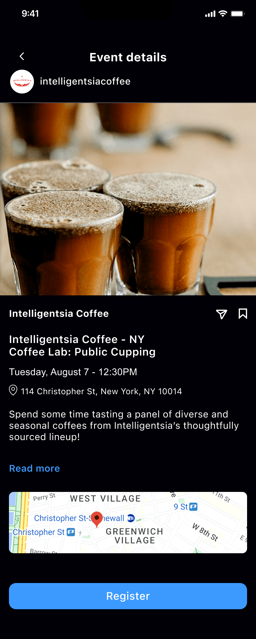 Event details with an integrated full map