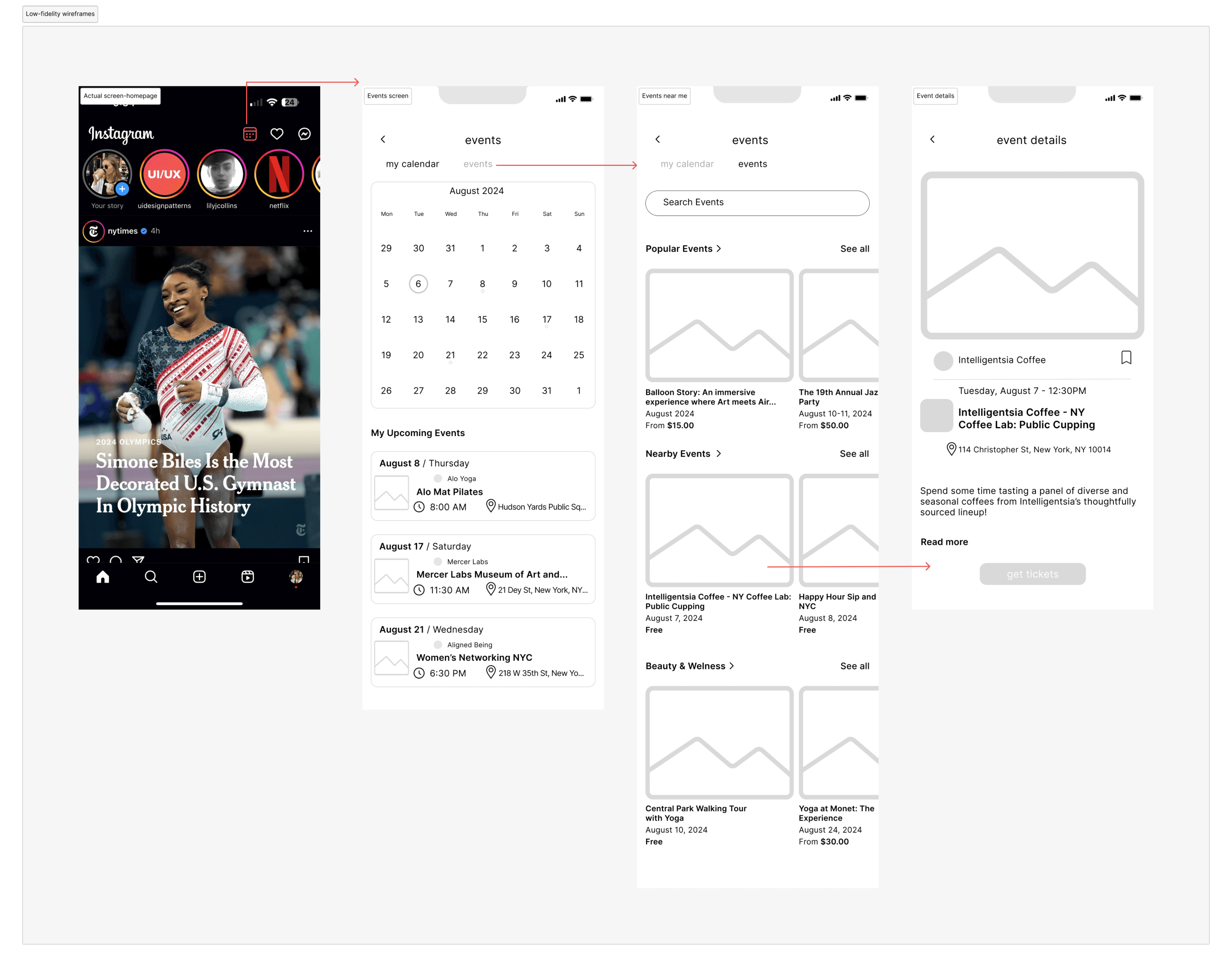 Instagram Events low-fidelity wireframes - calendar, events listing, and event detail screens