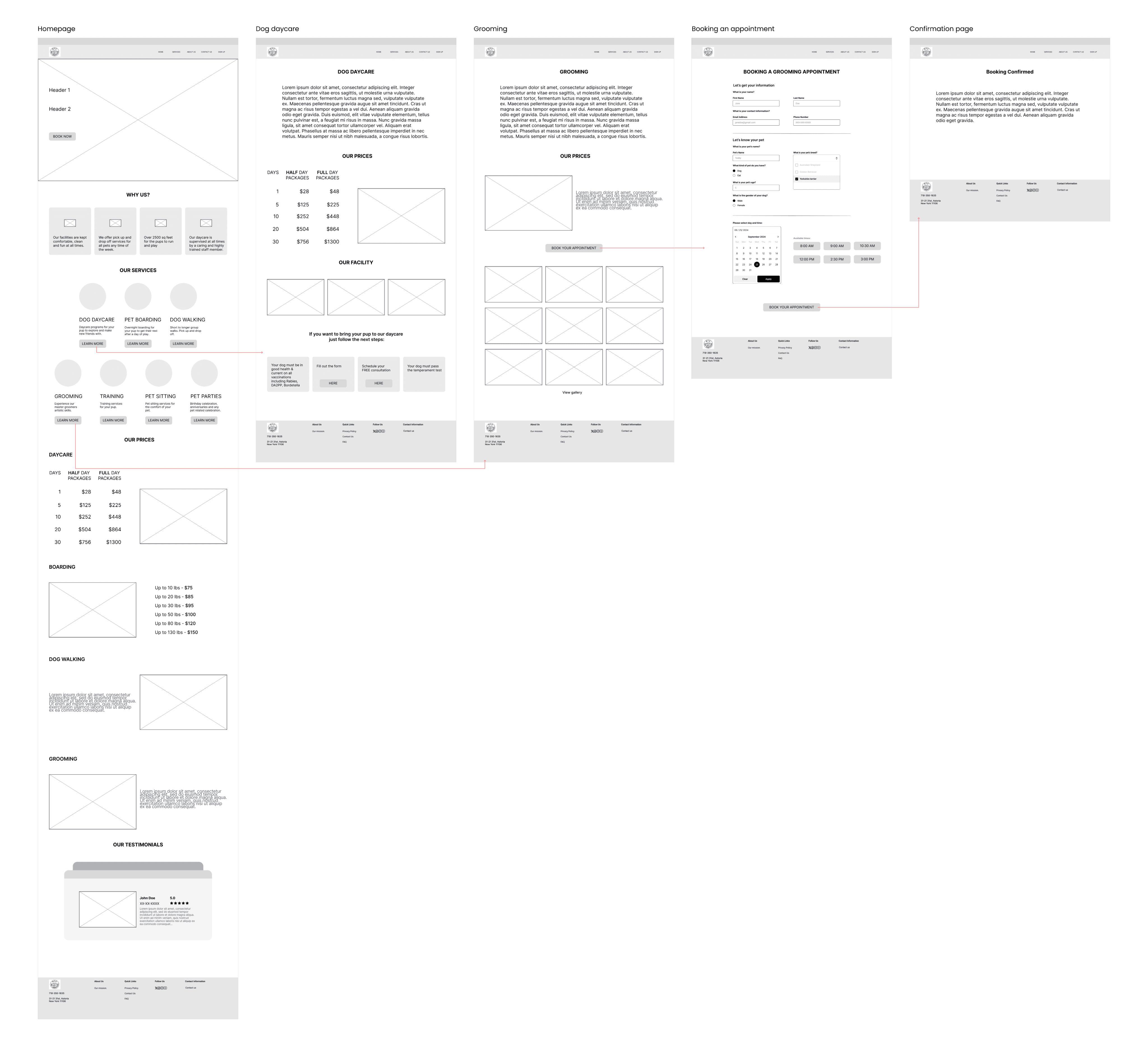 NYC Pet Services wireframes